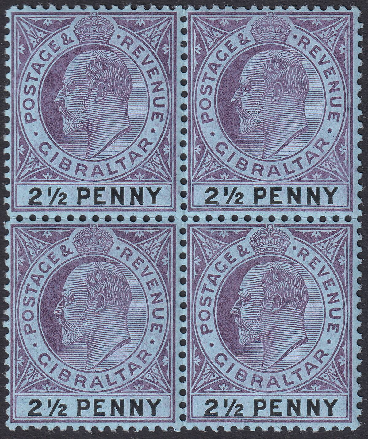 Gibraltar 1907 KEVII 2½d Purple + Black on Blue Block of 4 UM Mint SG59 cat £180