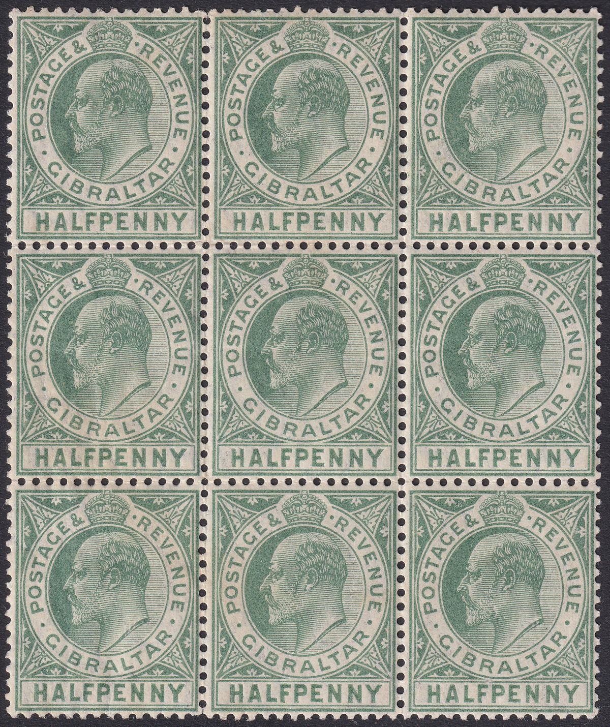 Gibraltar 1904 KEVII ½d Dull + Bright Green Ord Paper Block of 9 Mint SG56 c£135
