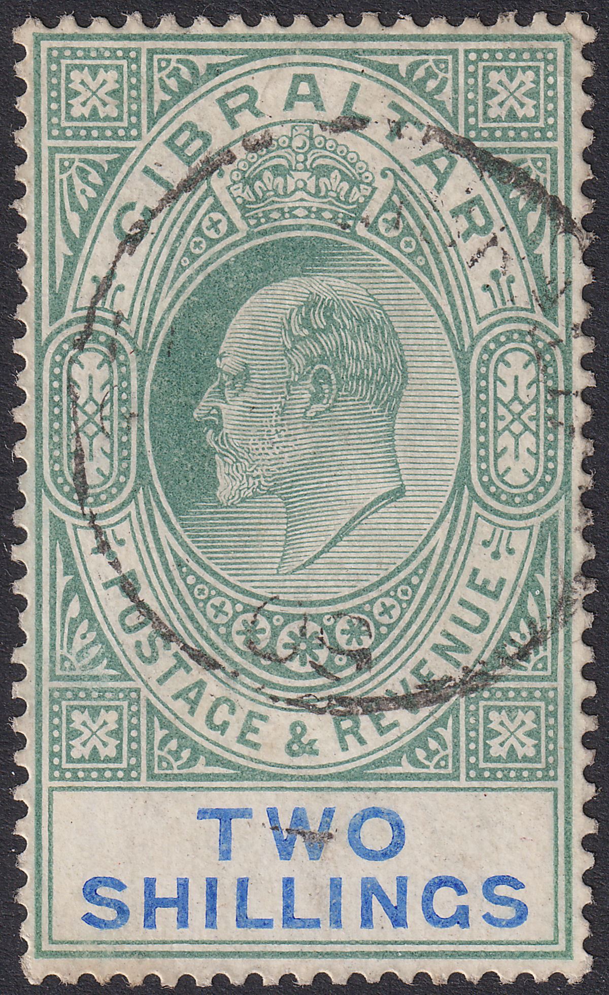 Gibraltar 1907 KEVII 2sh Green and Blue Chalky Used SG62a cat £150