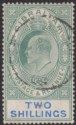 Click for more photos and details Gibraltar 1907 KEVII 2sh Green and Blue Chalky Used SG62a cat £150