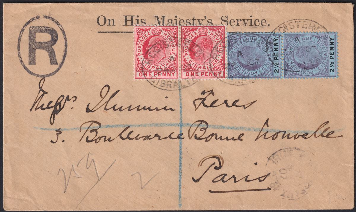 Gibraltar 1907 KEVII 2½d Pair + 1d Pair Used on Cover to France SG59 cat £200
