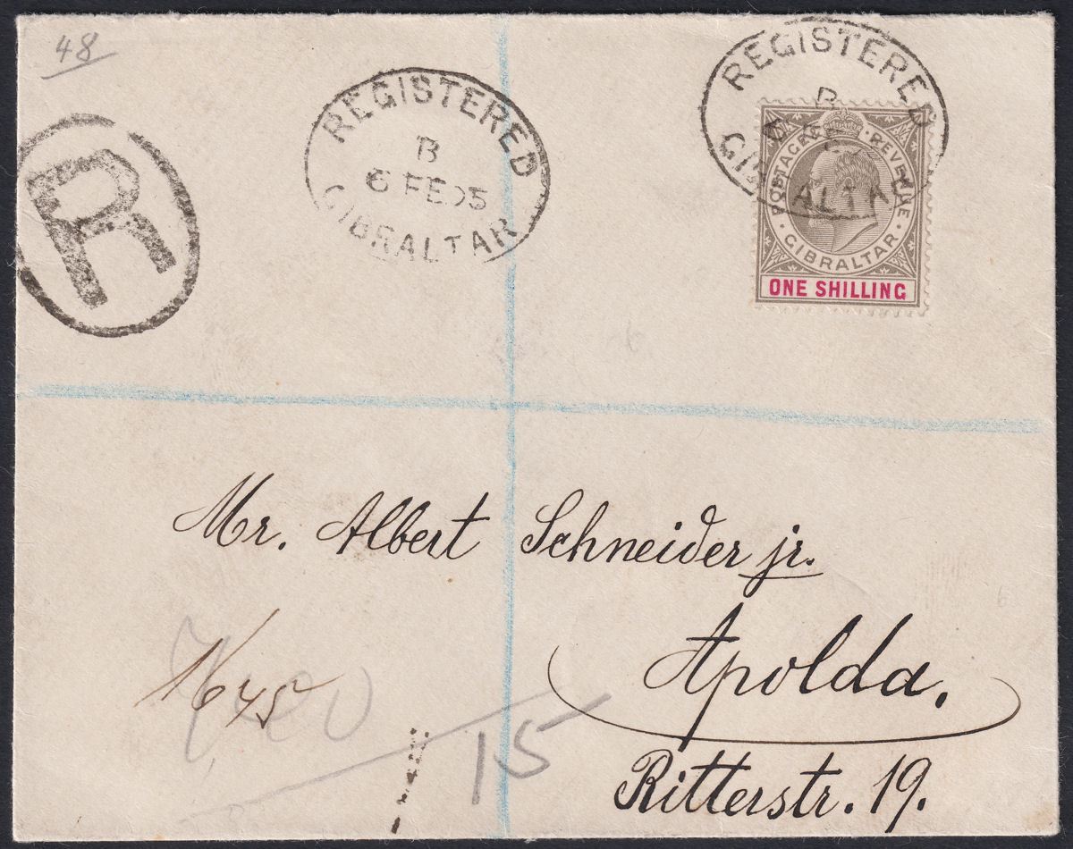 Gibraltar 1904 KEVII 1sh Black and Carmine Used Registered Cover SG51 to Germany