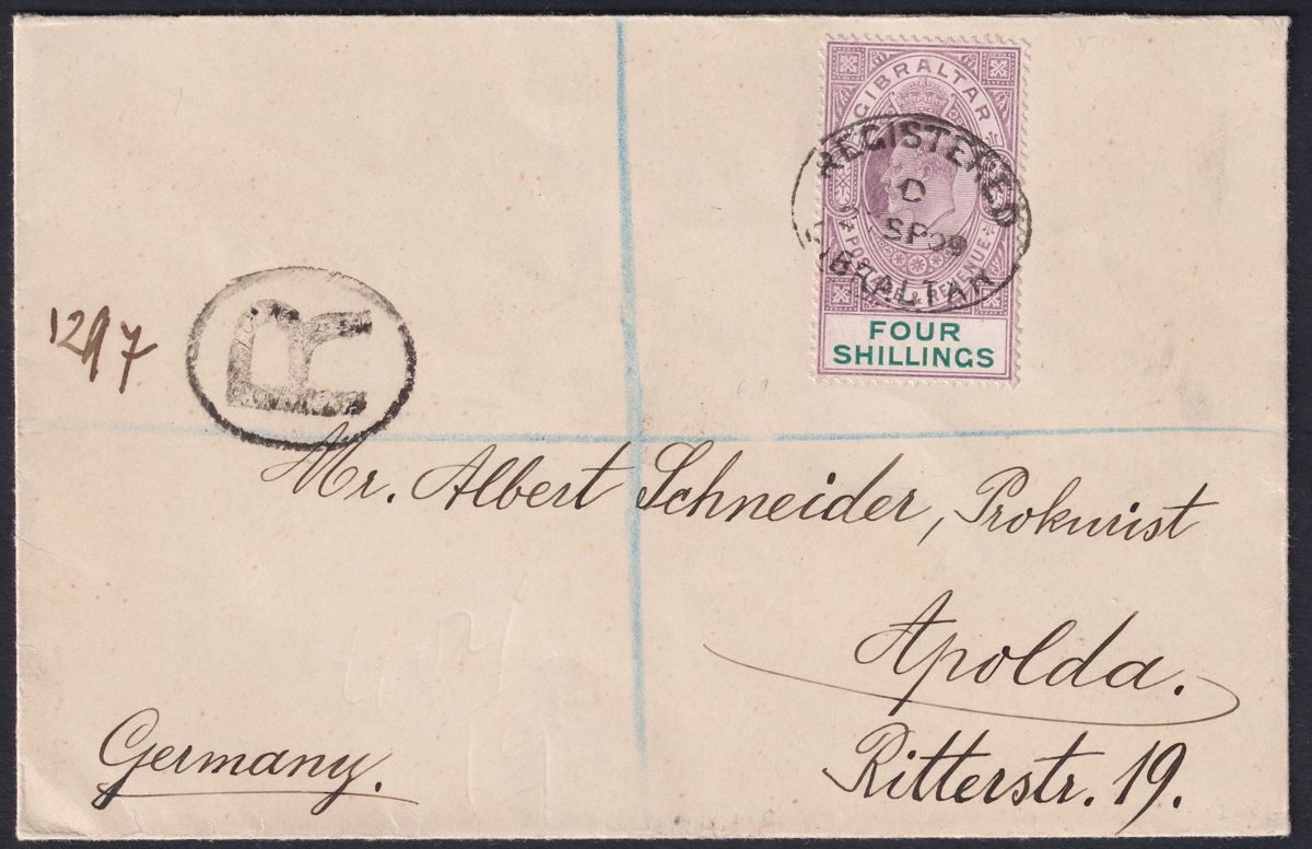 Gibraltar 1909 KEVII 4sh Purple + Green Used Registered Cover SG63 c£450 off cov