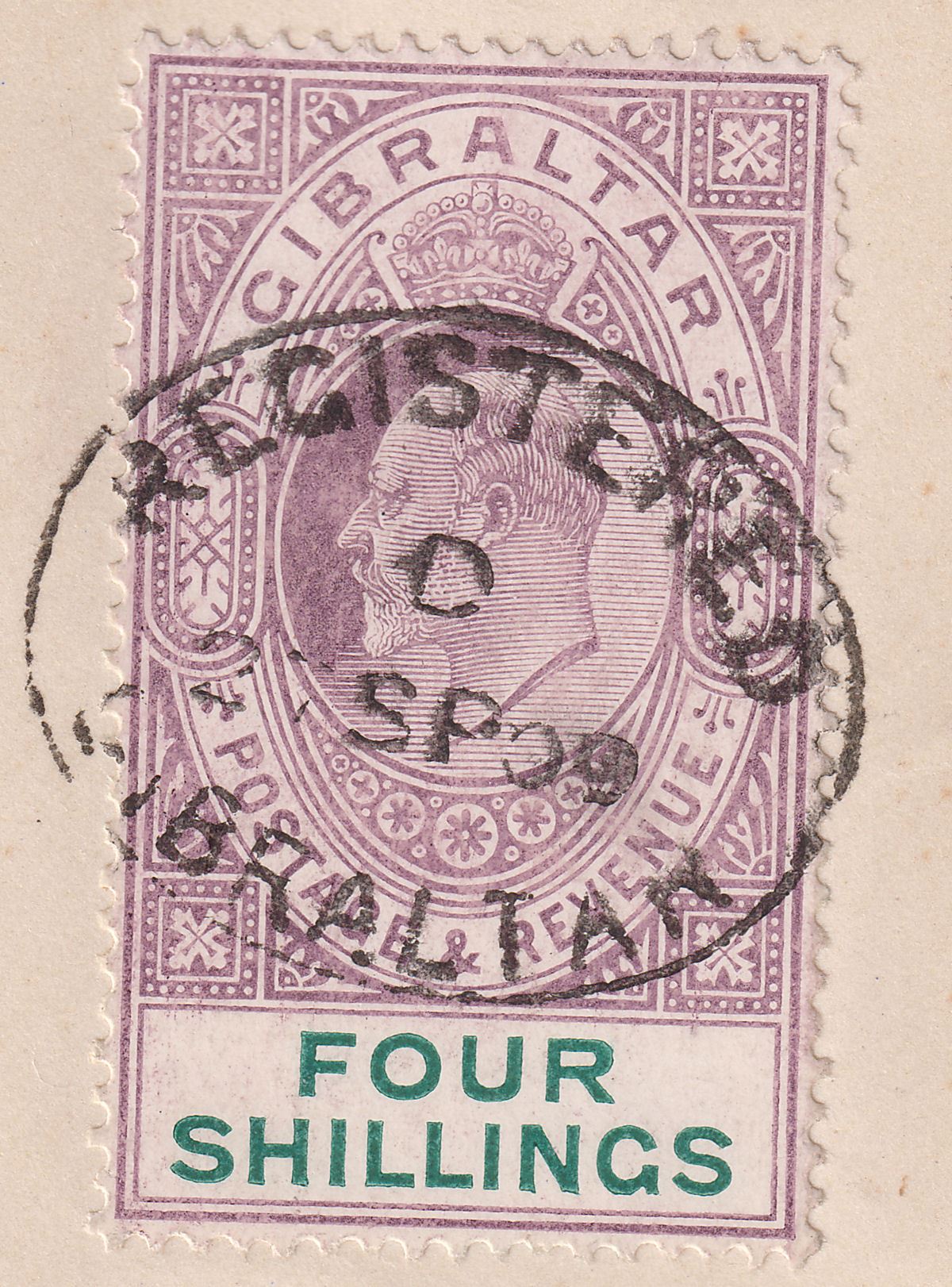 Gibraltar 1909 KEVII 4sh Purple + Green Used Registered Cover SG63 c£450 off cov