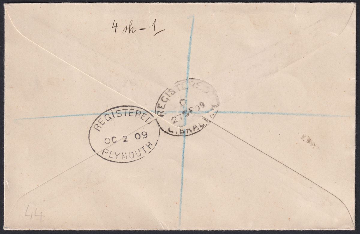 Gibraltar 1909 KEVII 4sh Purple + Green Used Registered Cover SG63 c£450 off cov
