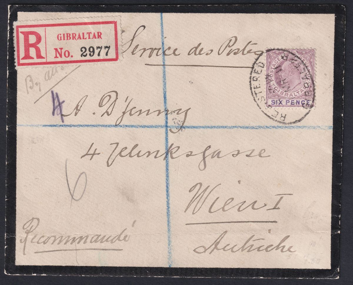 Gibraltar 1911 KEVII 6d Dull Purple + Violet Used Registered Cover Austria SG60a