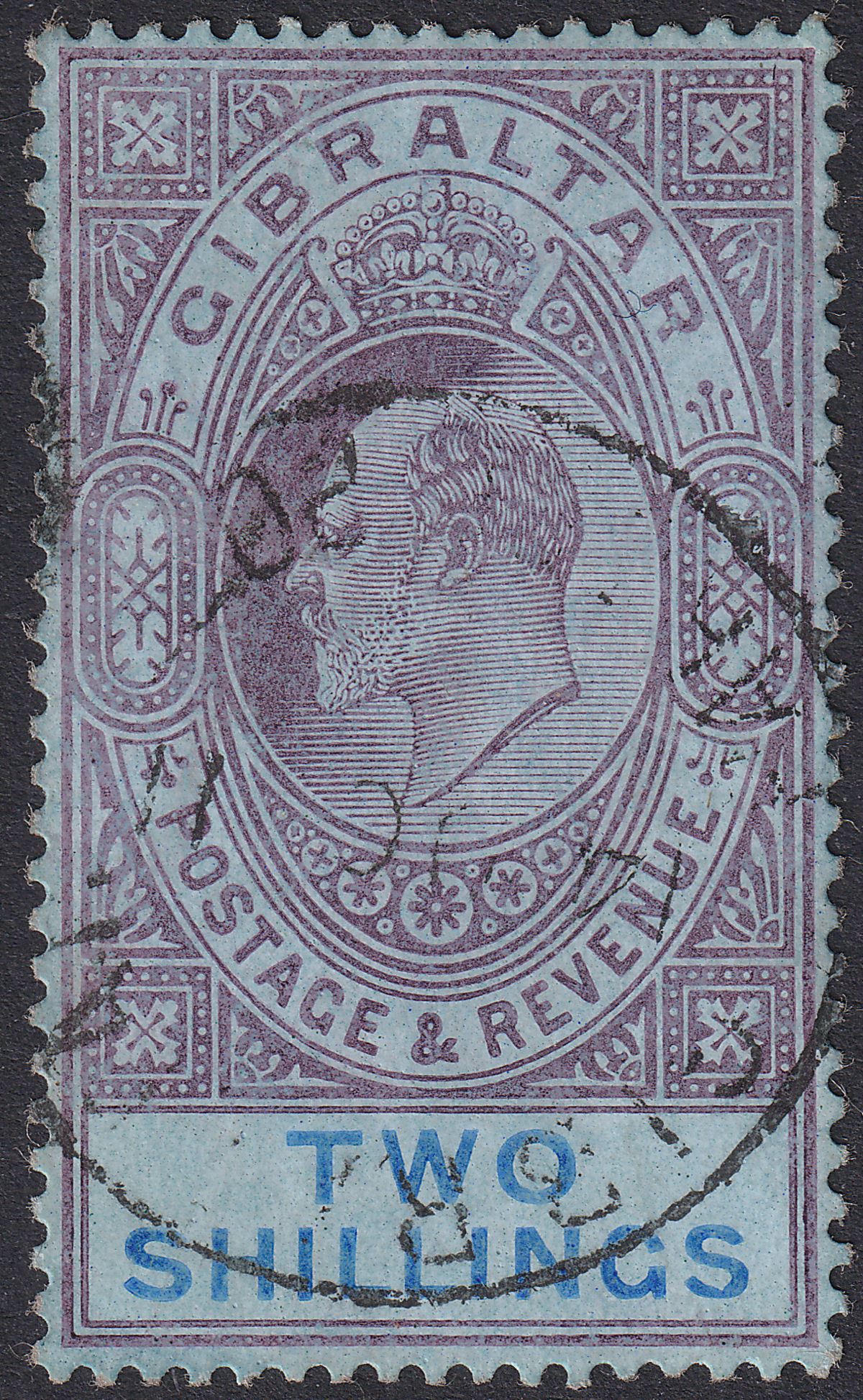 Gibraltar 1910 KEVII 2sh Purple and Bright Blue on Blue Used SG72 cat £75
