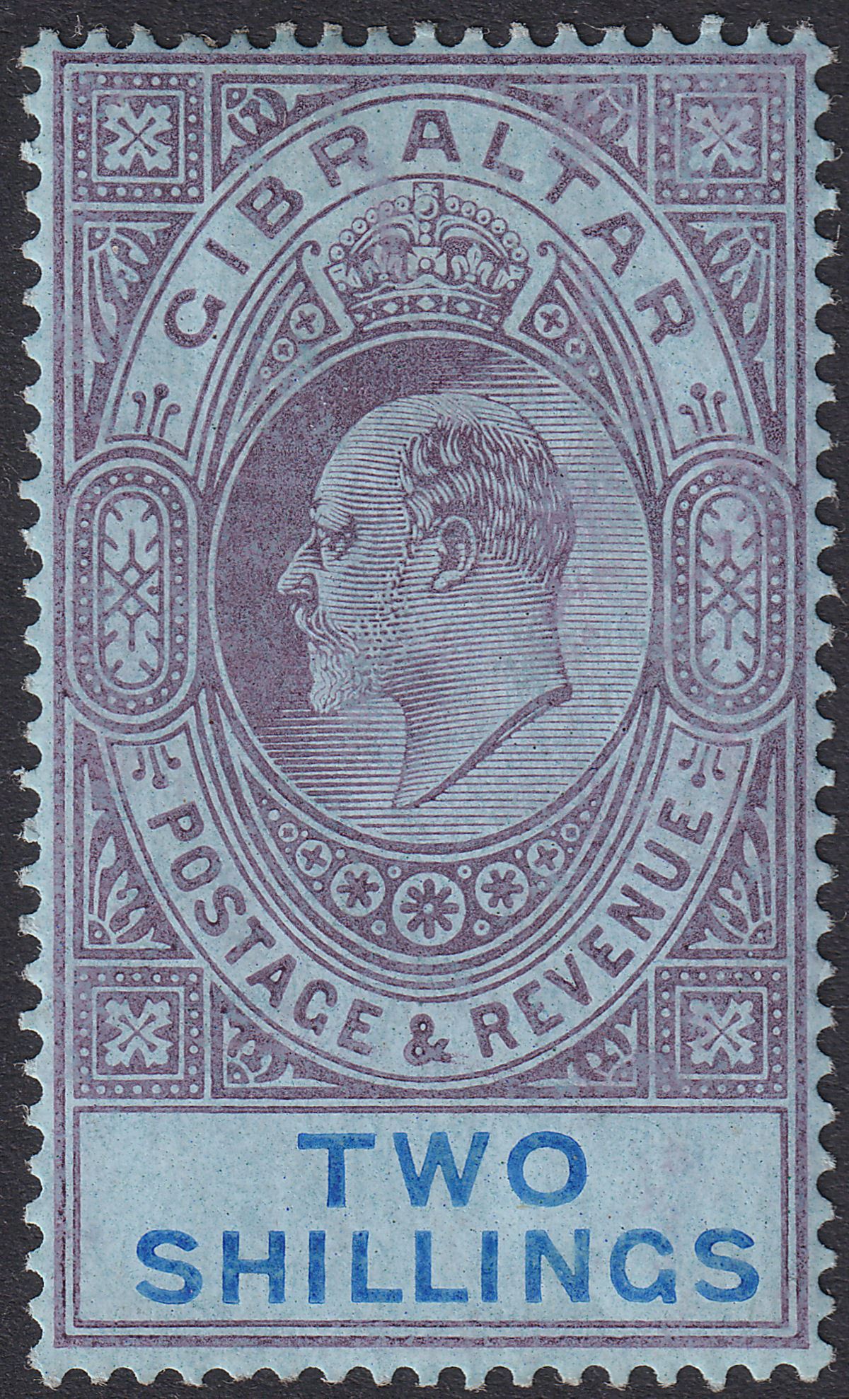 Gibraltar 1910 KEVII 2sh Purple and Bright Blue on Blue Mint SG72 cat £70