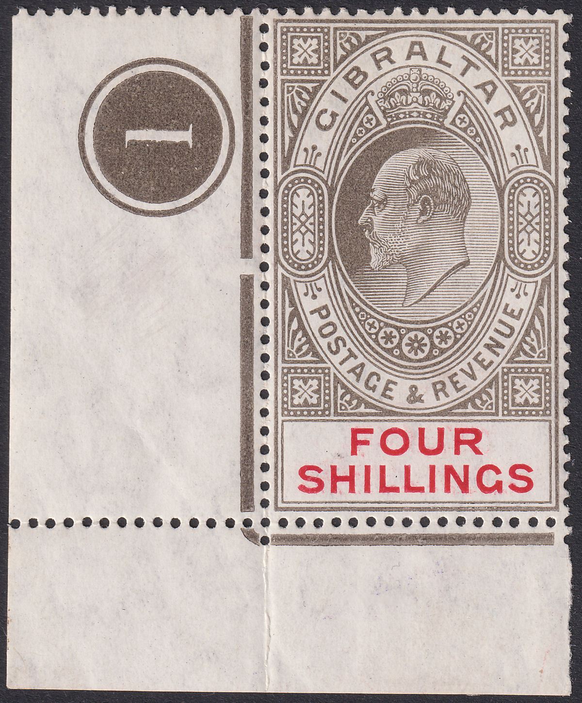 Gibraltar 1910 KEVII 4sh Black and Carmine Plate 1 Marginal Mint SG73 cat £180