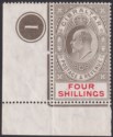 Click for more photos and details Gibraltar 1910 KEVII 4sh Black and Carmine Plate 1 Marginal Mint SG73 cat £180