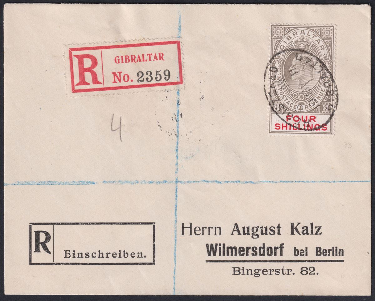 Gibraltar 1911 KEVII 4sh Black + Carmine Used on Cover to Germany SG73 cat £200