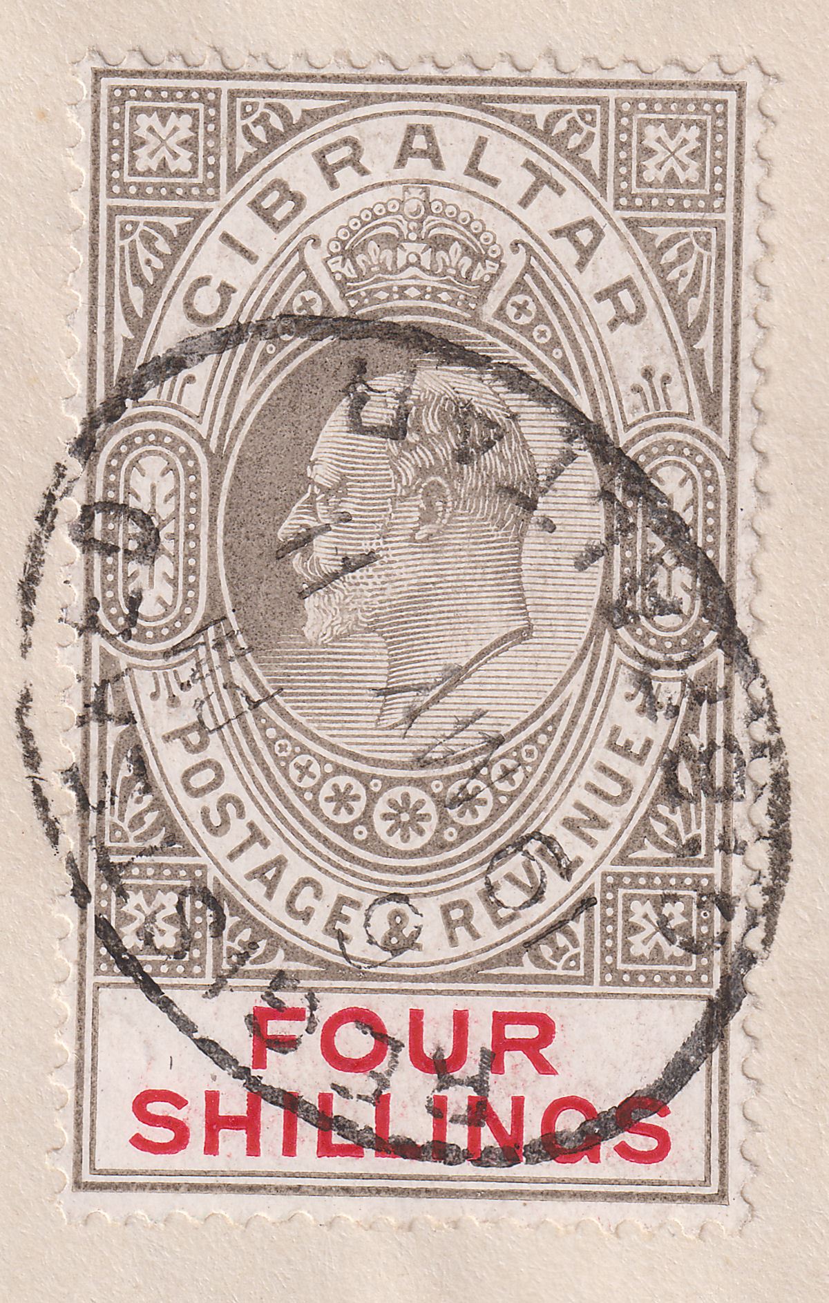 Gibraltar 1911 KEVII 4sh Black + Carmine Used on Cover to Germany SG73 cat £200