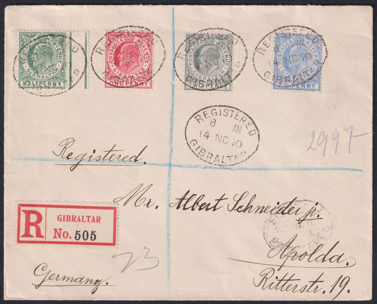 Gibraltar 1910 KEVII ½d 1d 2d 2½d Used on Registered Cover to Germany SG66-69