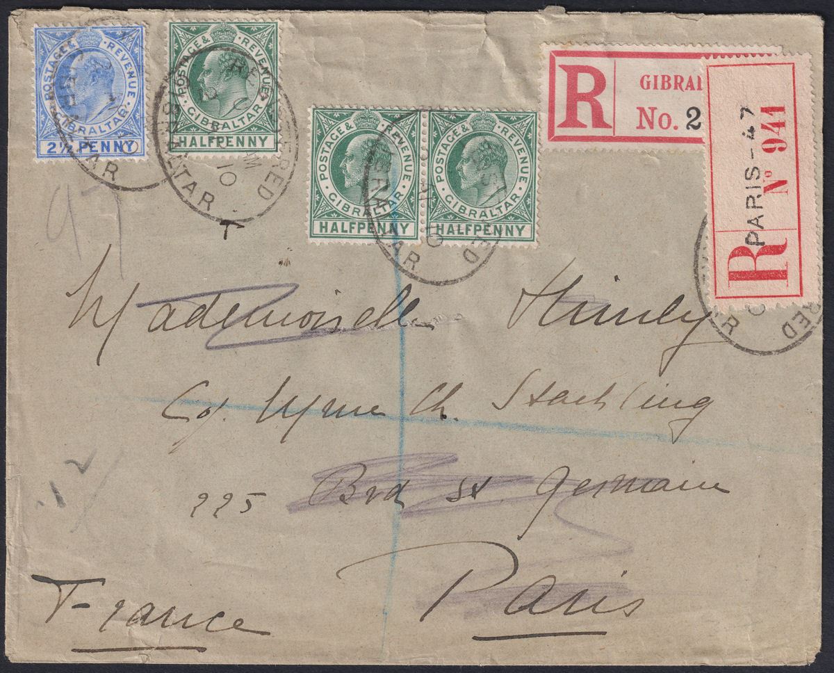 Gibraltar 1910 KEVII ½d x2 + 2½d Used Registered Cover to France Redirected UK