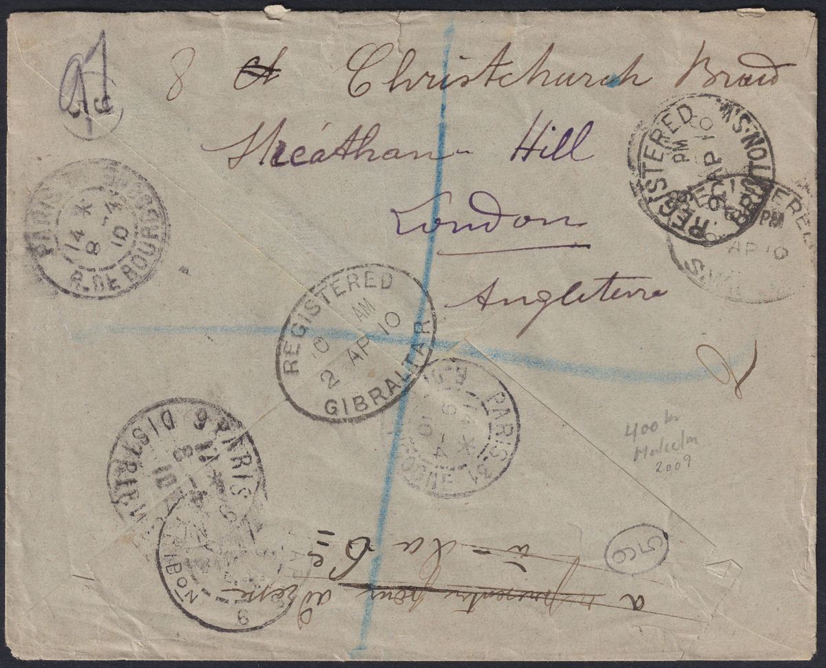 Gibraltar 1910 KEVII ½d x2 + 2½d Used Registered Cover to France Redirected UK