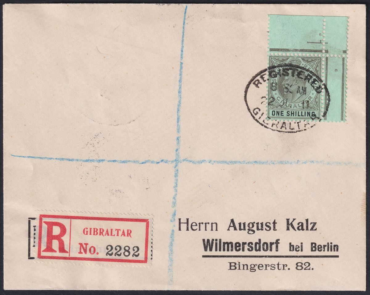 Gibraltar 1911 KEVII 1sh Black on Green Used on Registered Cover to Germany SG71