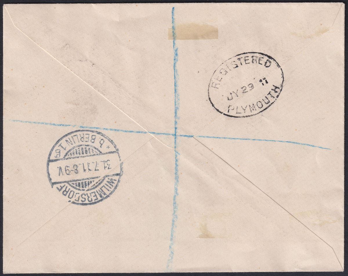 Gibraltar 1911 KEVII 1sh Black on Green Used on Registered Cover to Germany SG71