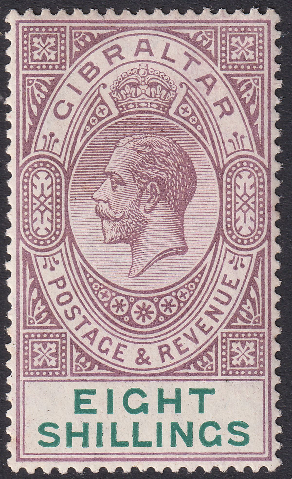 Gibraltar 1912 KGV 8sh Dull Purple and Green Mint SG84 cat £100