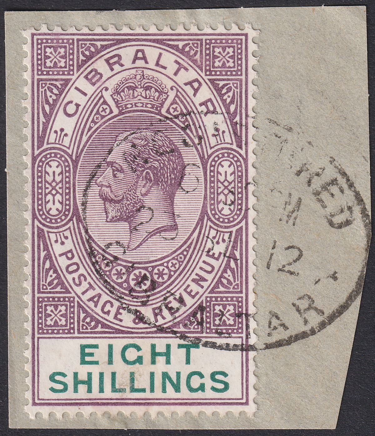 Gibraltar 1912 KGV 8sh Dull Purple and Green Used on Piece SG84 cat £140