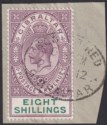 Click for more photos and details Gibraltar 1912 KGV 8sh Dull Purple and Green Used on Piece SG84 cat £140