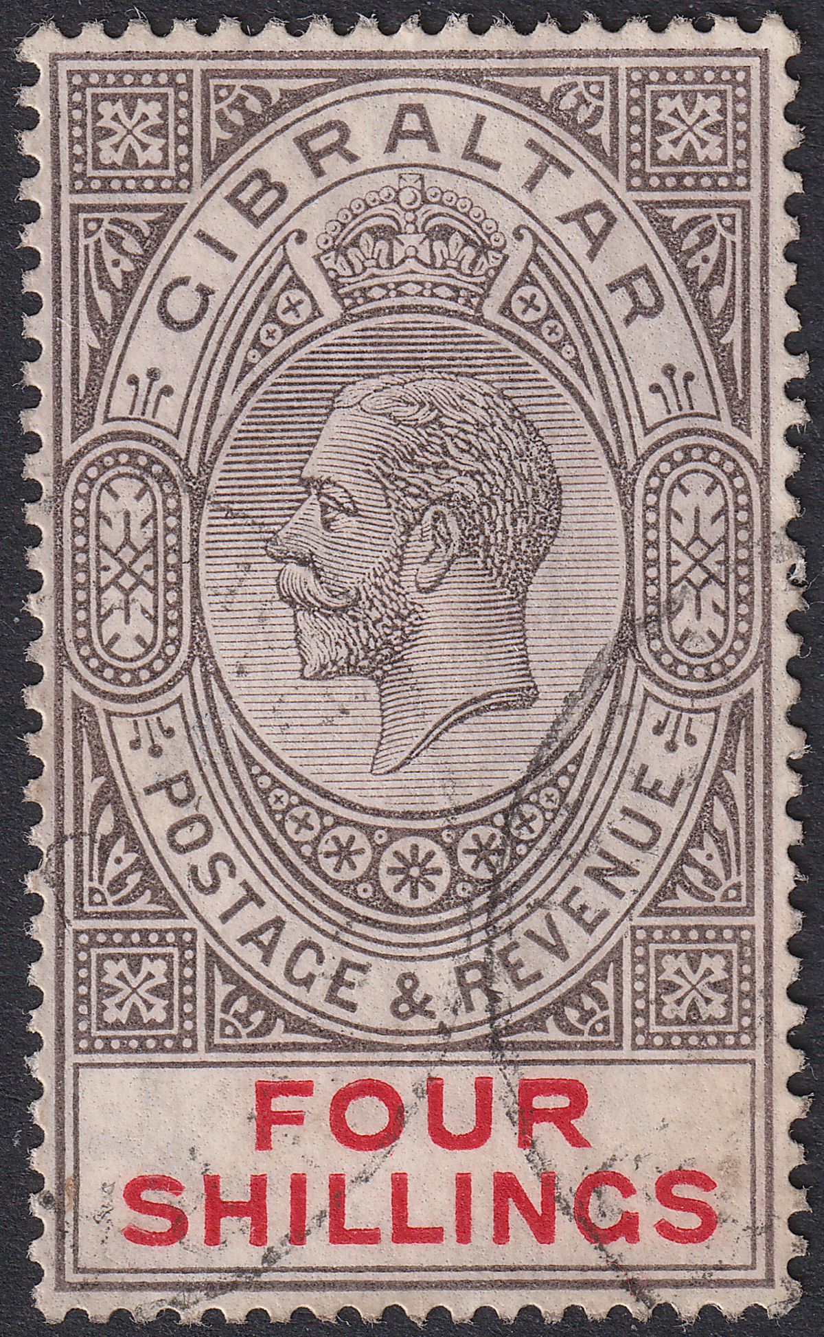 Gibraltar 1912 KGV 4sh Black and Carmine Used SG83 cat £65