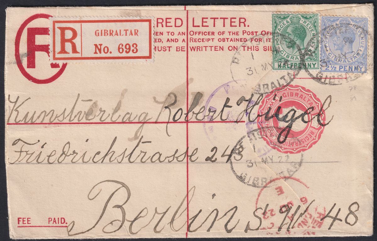 Gibraltar 1922 KGV 2½d Bright Blue + ½d Uprating 2d Reg PS Cover SG94 cat £60