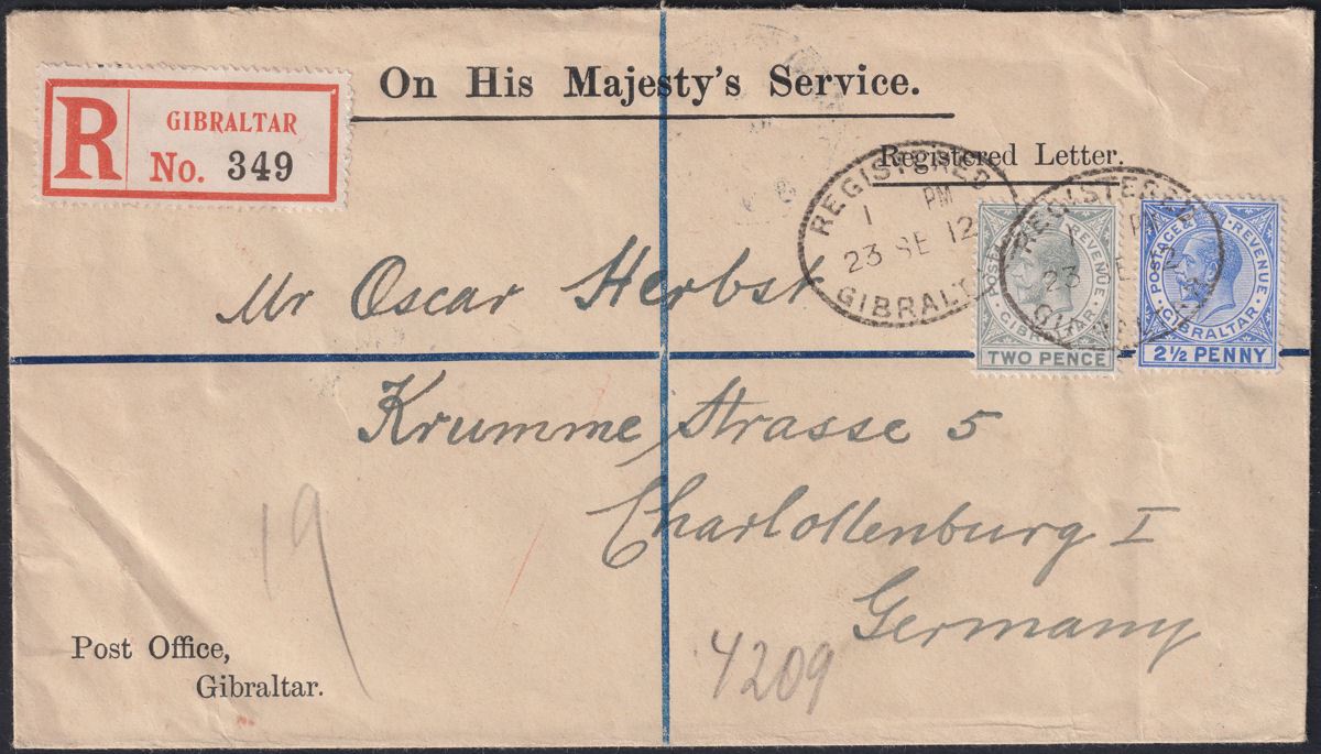Gibraltar 1912 KGV 2d + 2½d Used on Registered OHMS Cover to Germany SG78 SG79