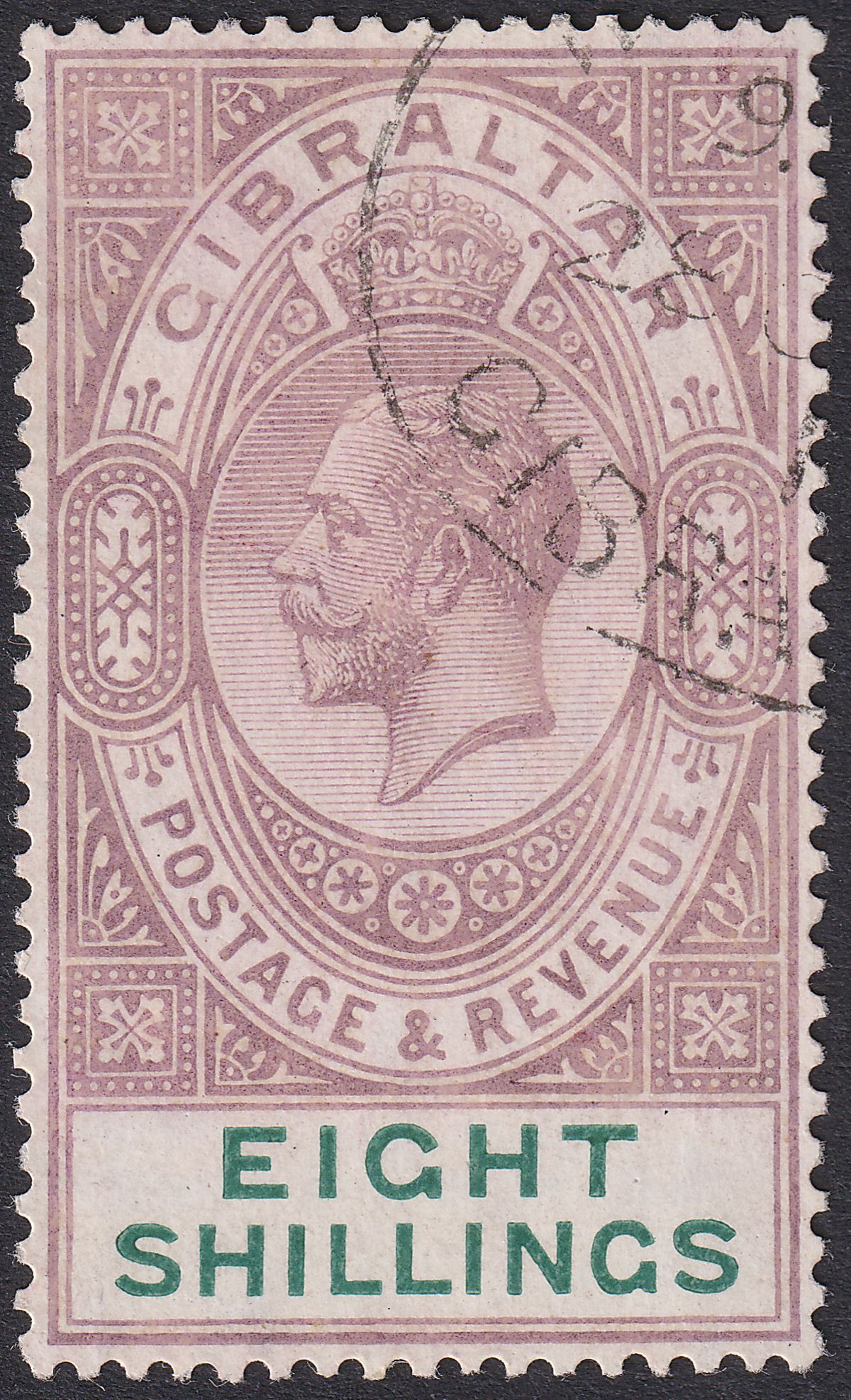 Gibraltar 1924 KGV 8sh Dull Purple and Green Used SG101 cat £550