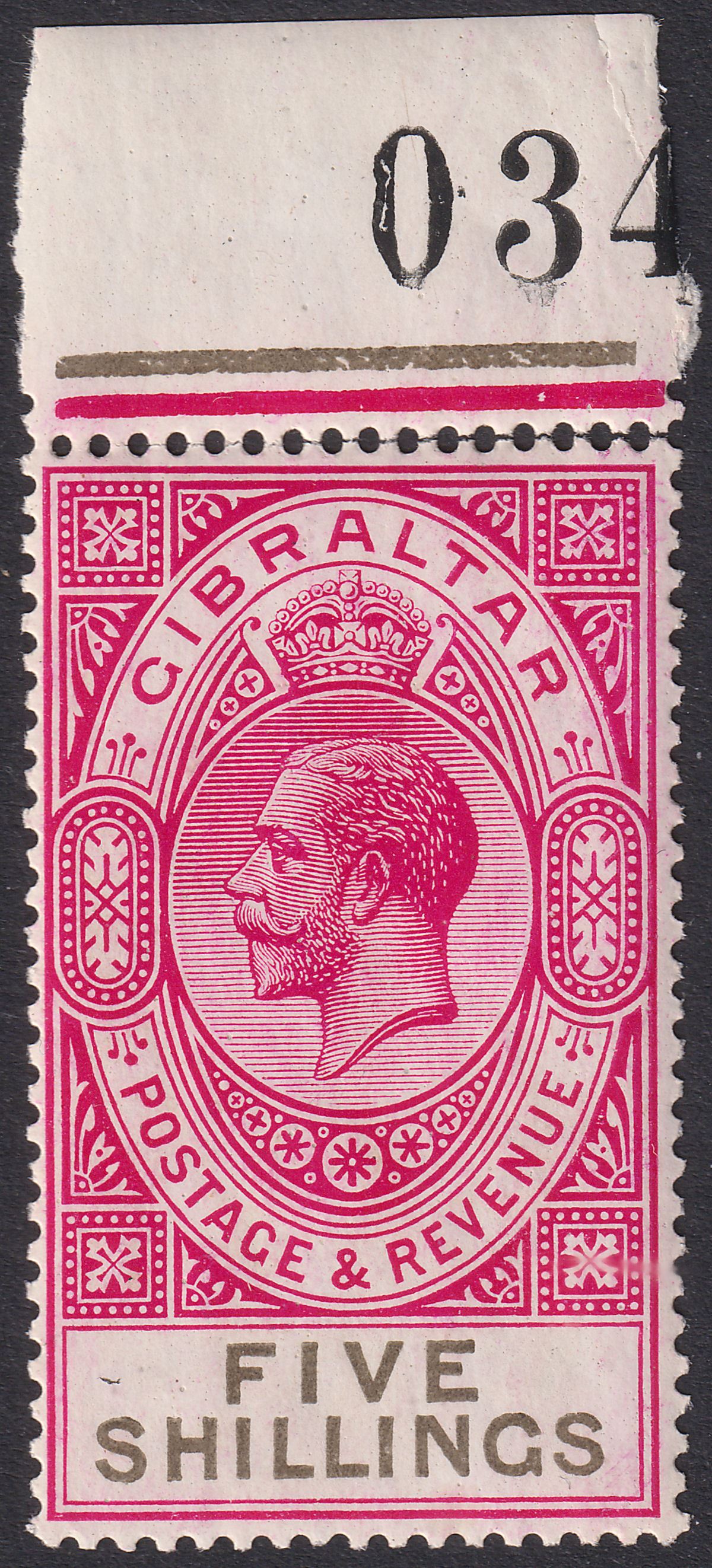 Gibraltar 1925 KGV 5sh Carmine + Black Marginal w Sheet No Mint SG105 p detached