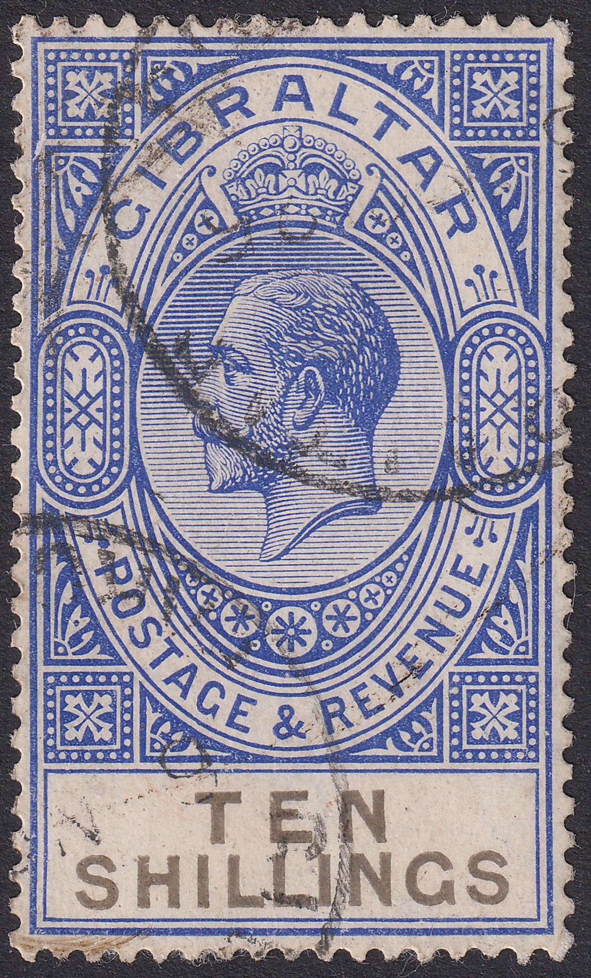 Gibraltar 1925 KGV 10sh Deep Ultramarine and Black Used SG106 cat £85