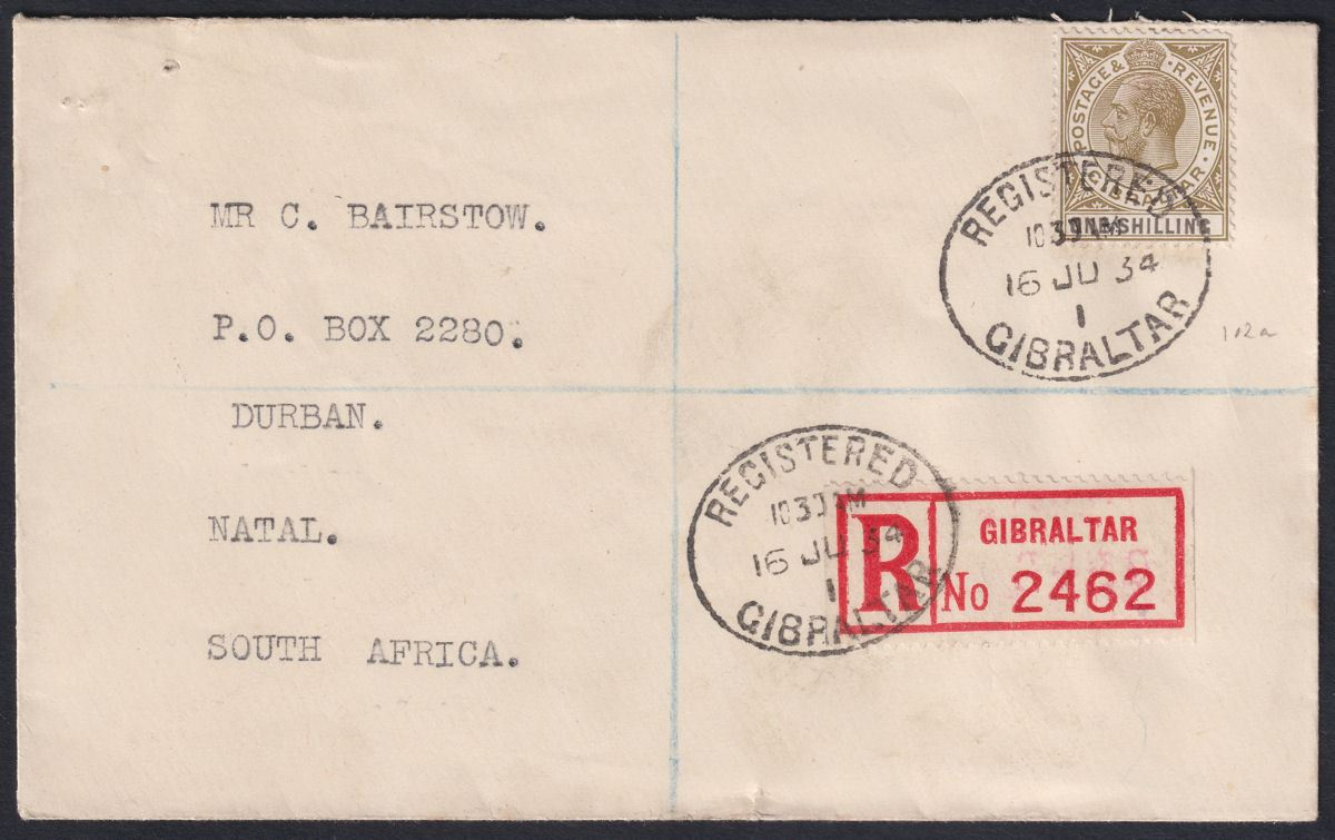 Gibraltar 1934 KGV 1sh Olive and Black Used on Reg Cover to South Africa SG102a