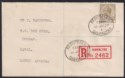 Click for more photos and details Gibraltar 1934 KGV 1sh Olive and Black Used on Reg Cover to South Africa SG102a