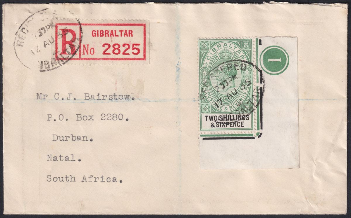 Gibraltar 1935 KGV 2sh6d Green + Black Used on Reg Cover to South Africa SG104