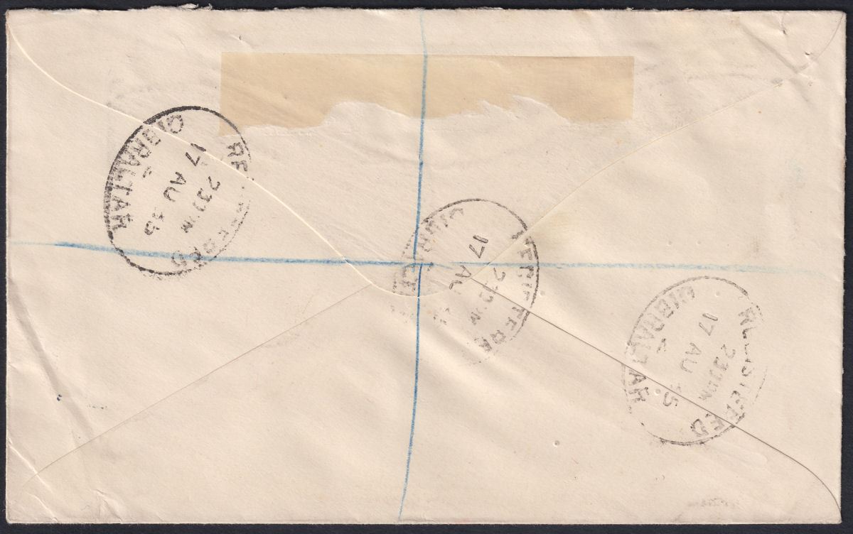 Gibraltar 1935 KGV 2sh6d Green + Black Used on Reg Cover to South Africa SG104