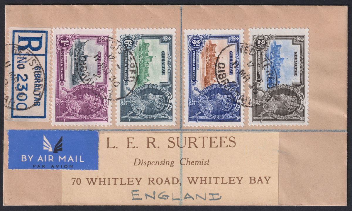 Gibraltar 1936 KGV Silver Jubilee Set Used on Registered Cover SG114-117 cat £55