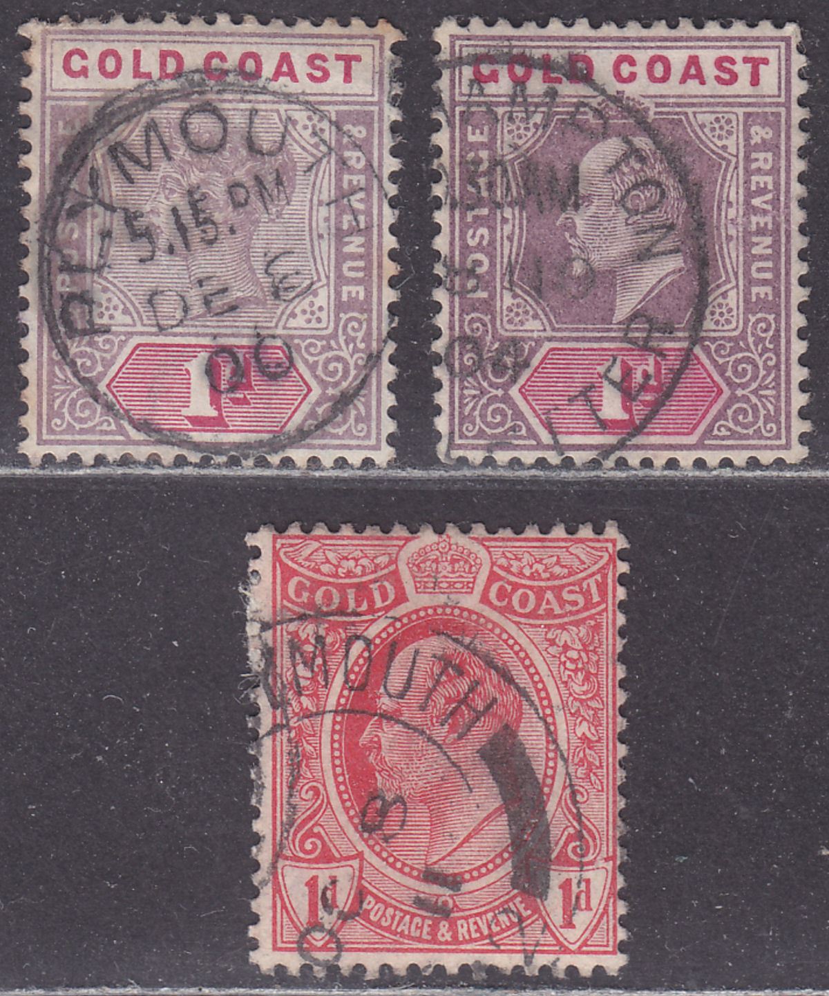 Gold Coast 18981908 QV 1d, KEVII 1d, 1d Used w PLYMOUTH, SOUTHAMPTON