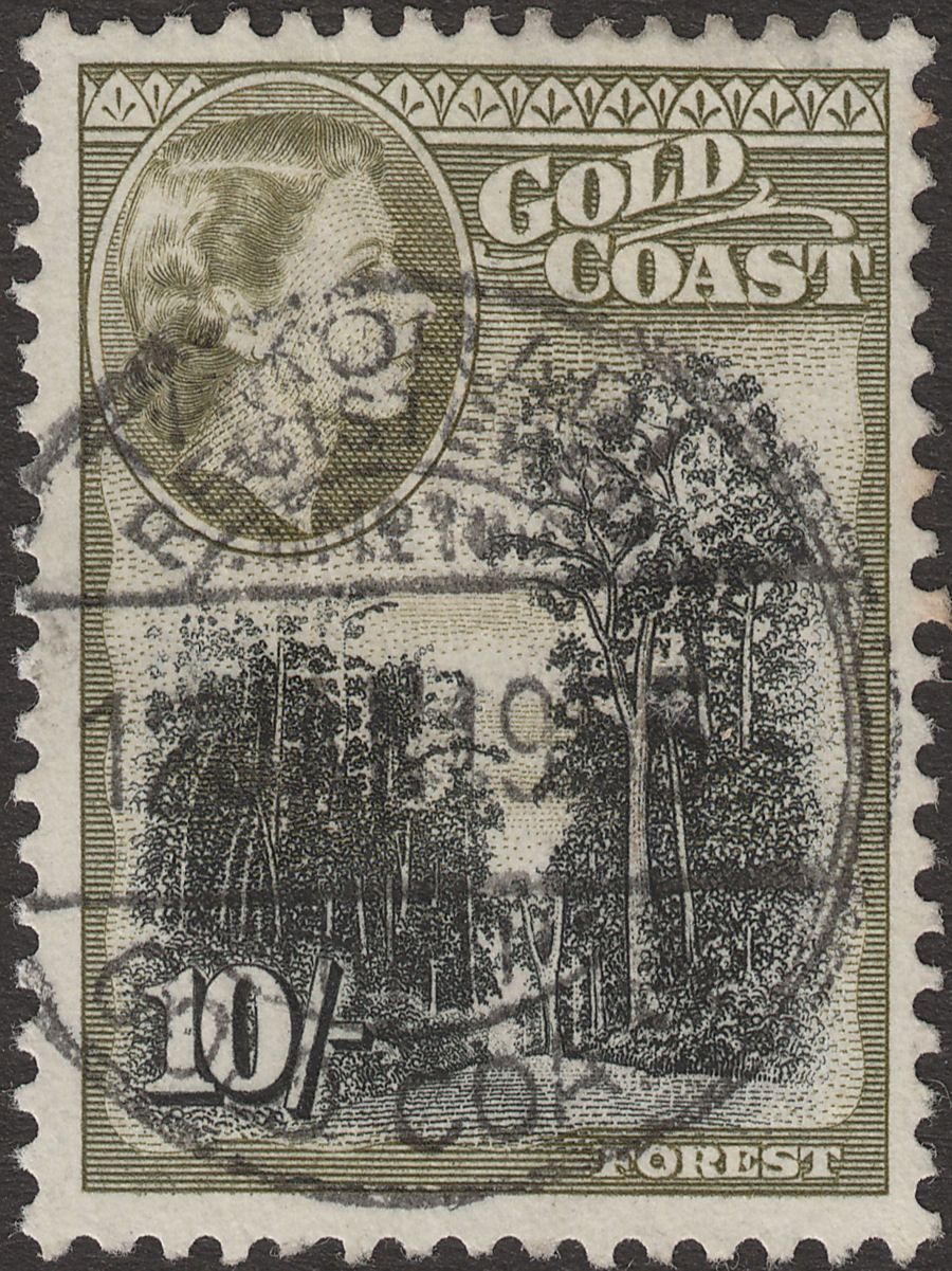 Gold Coast 1954 QEII 10sh Black and Olive-Green Used SG164