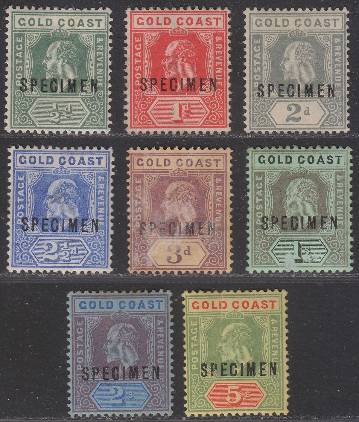 Gold Coast 1907 KEVII SPECIMEN Overprint Part Set to 5sh Mint / Unused - FAULTS