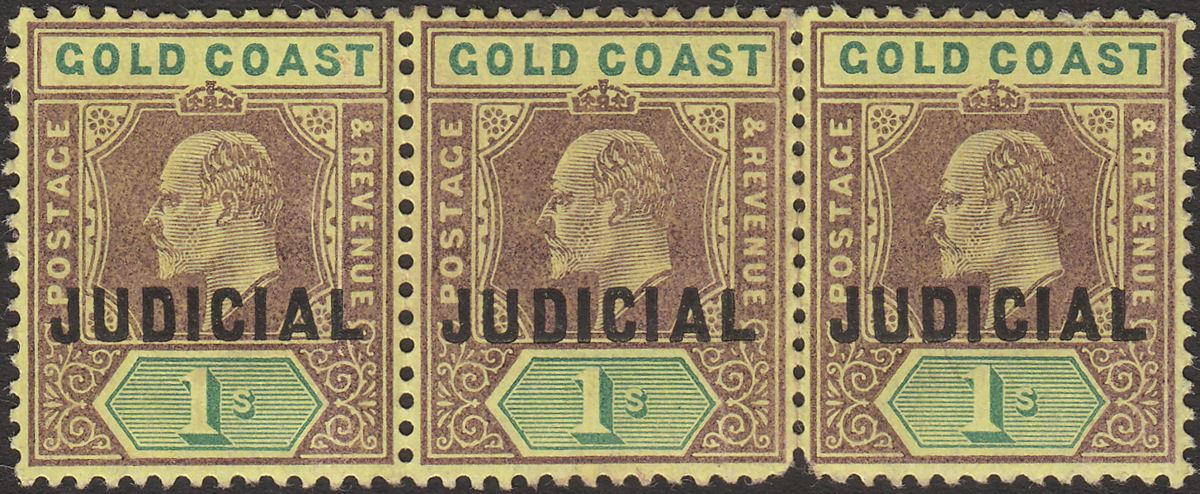 Gold Coast 1903 KEVII Revenue Judicial Opt 1sh Lilac + Grn on Yell x3 Mint BF15