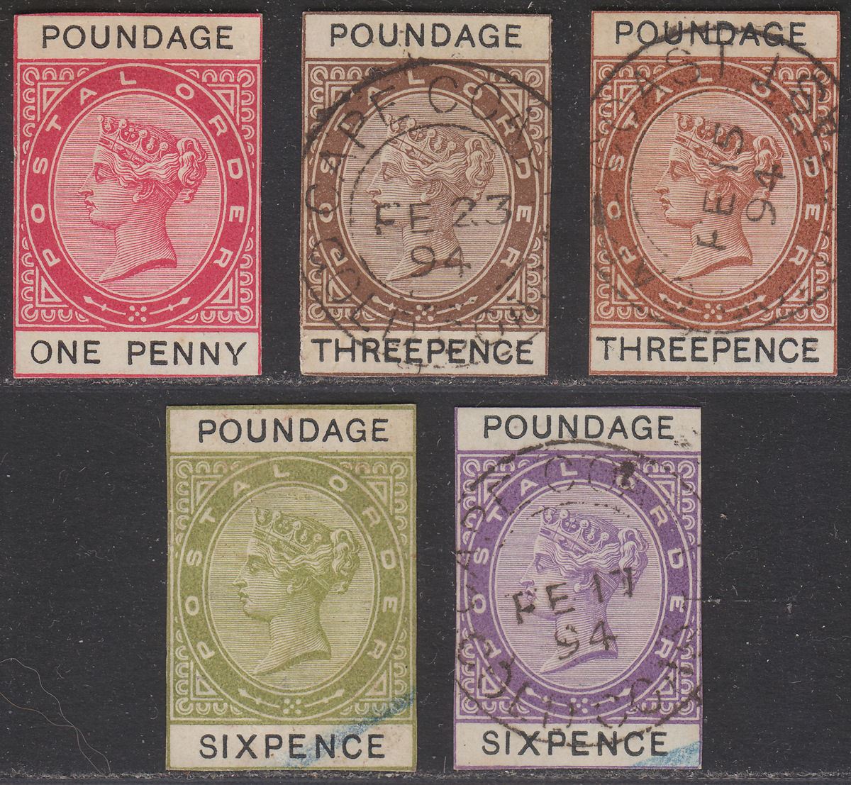 Gold Coast 1894 QV Revenue Postal Order Poundage Imperf Cutouts to 6d Used