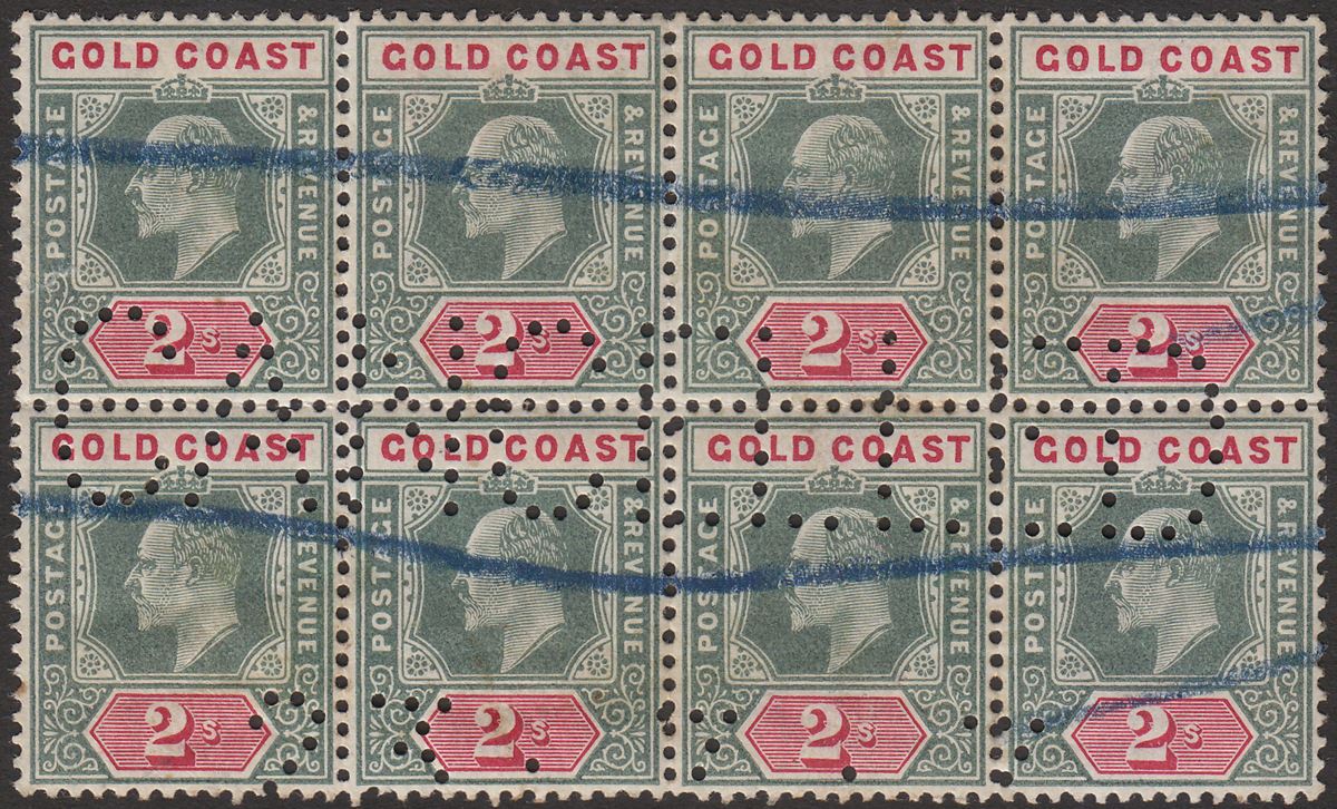 Gold Coast 1902 KEVII 2sh Green and Carmine Perfin Block of 8 Fiscally Used SG45