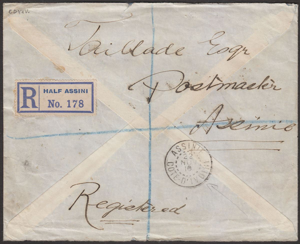 Gold Coast 1916 KGV 6d x24 Used on Registered Cover HALF ASSINI to Ivory Coast