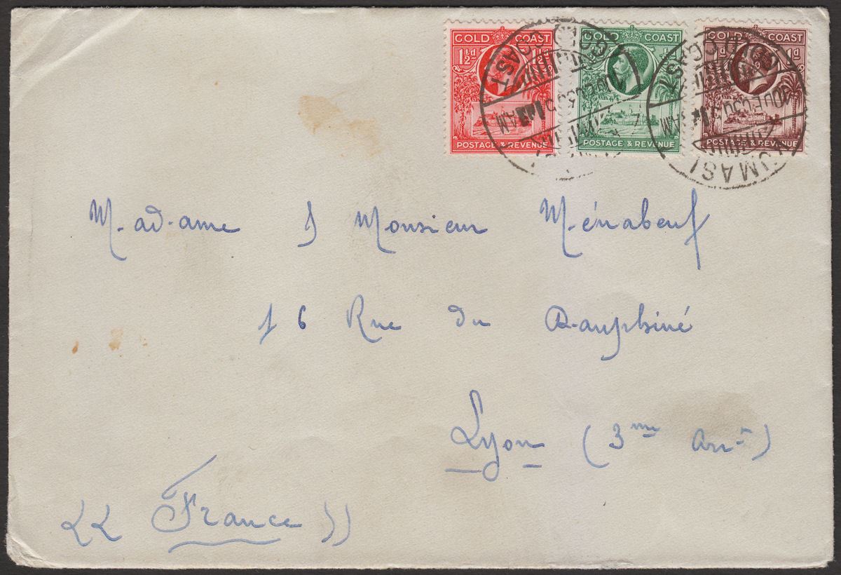 Gold Coast 1930 KGV 1½d, 1d, ½d Used on Cover KUMASI to Lyon, France