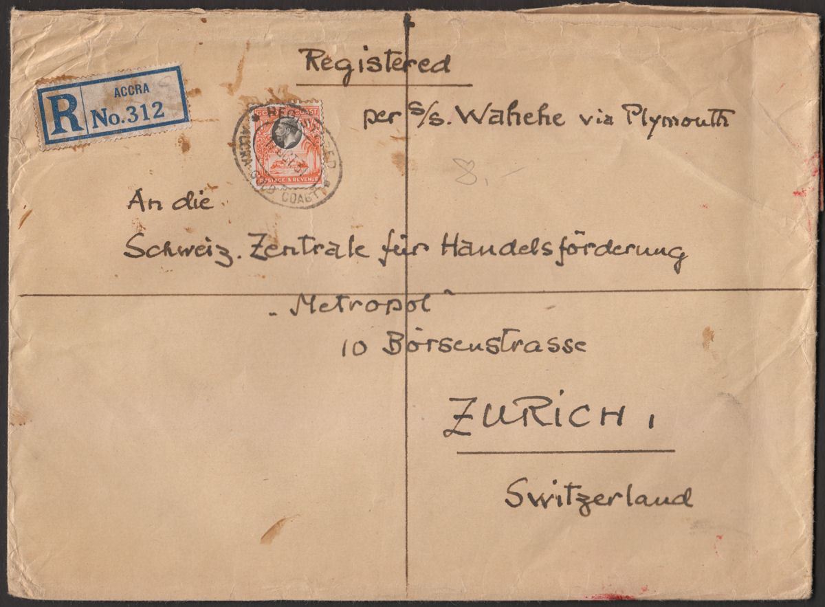 Gold Coast 1931 KGV 1sh Used on Registered Cover Accra to Zurich, Switzerland