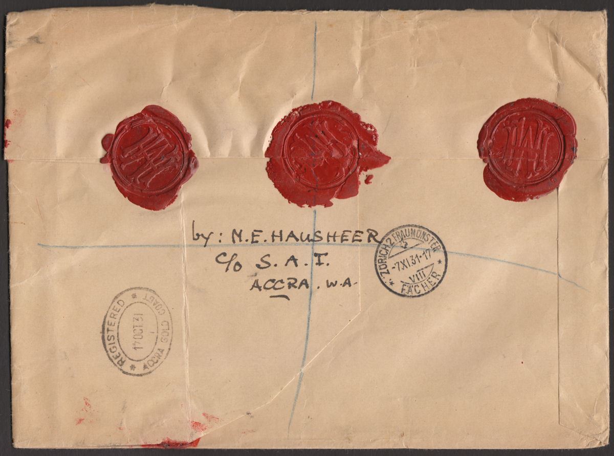 Gold Coast 1931 KGV 1sh Used on Registered Cover Accra to Zurich, Switzerland