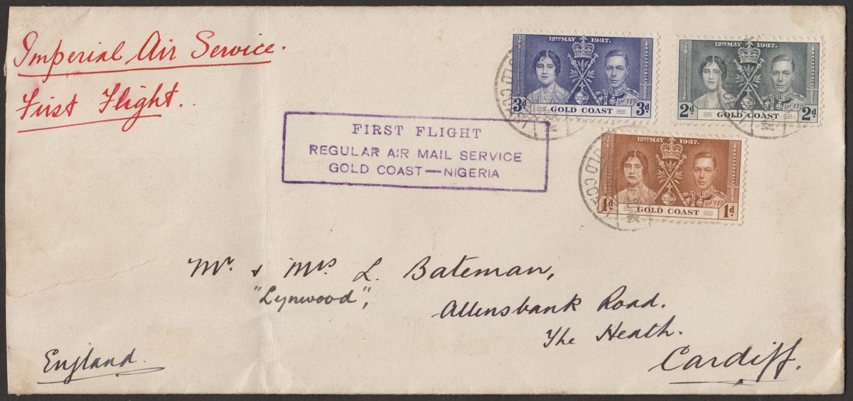 Gold Coast 1937 KGVI Coronation Set Used Gold Coast-Nigeria First Flight Cover