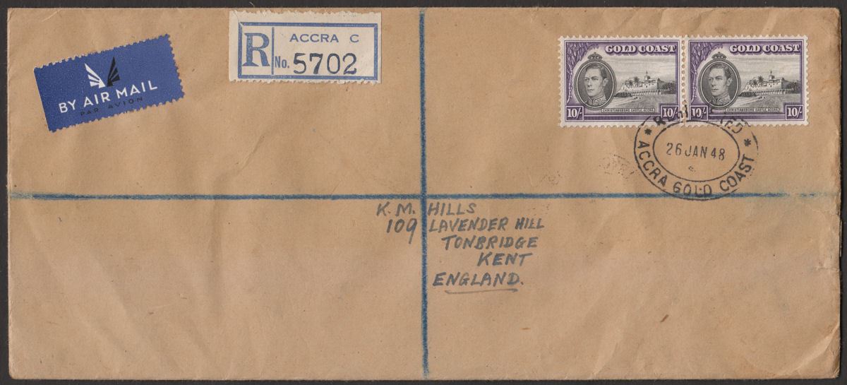 Gold Coast 1948 KGVI Christiansborg 10sh Pair Used Registered Cover Accra to UK