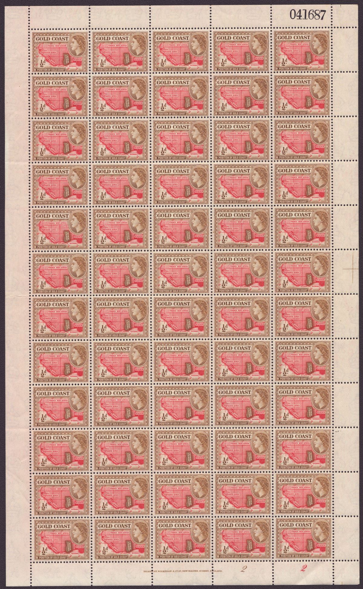 Gold Coast 1952-54 QEII Part Set to 6d in Full Sheets of 60 Mint with 7 sheets