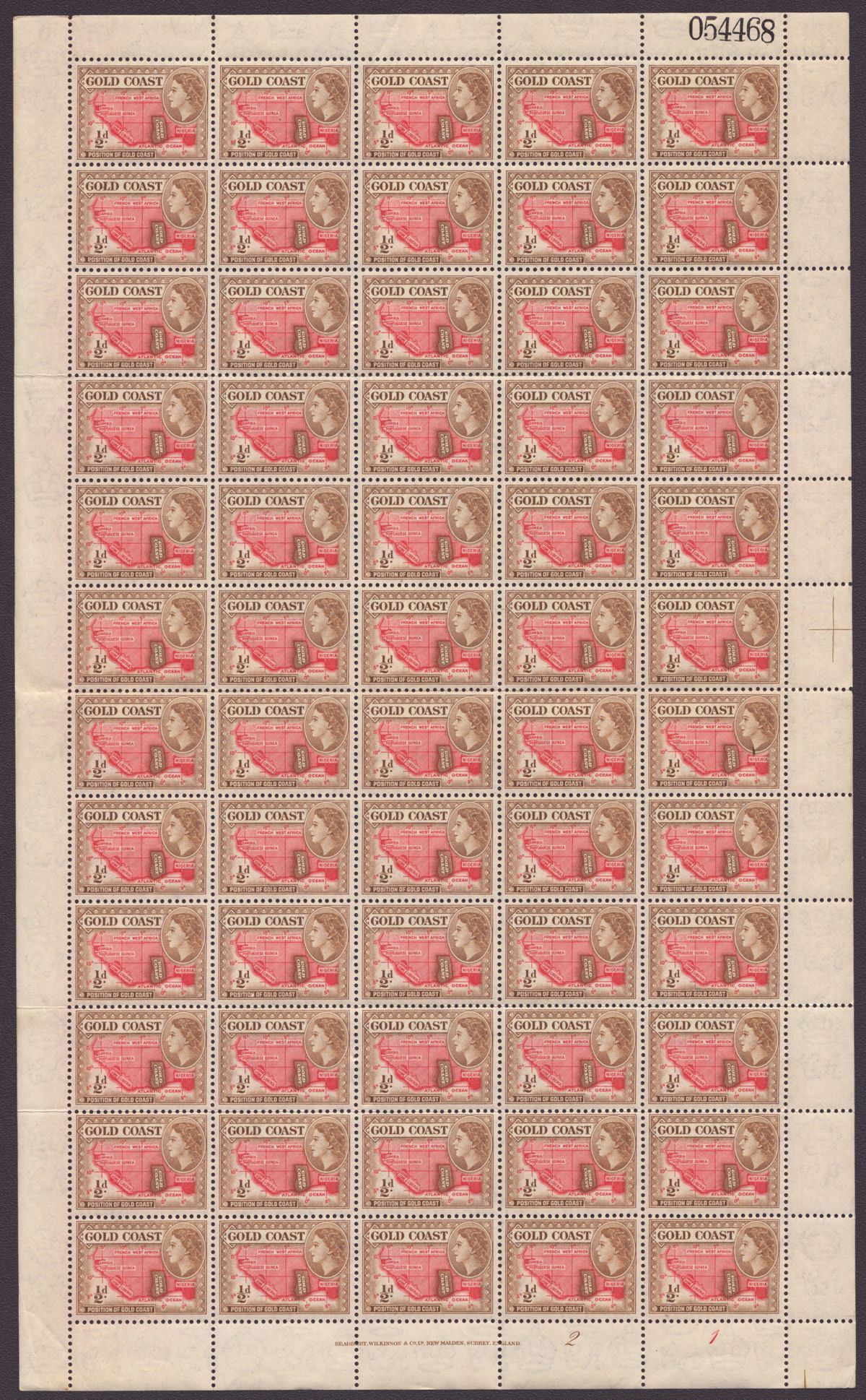 Gold Coast 1952 Queen Elizabeth II ½d Full Sheets of 60 Plate No Selection Mint