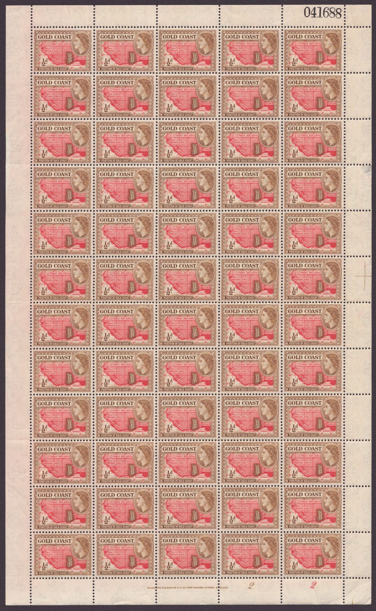 Gold Coast 1952 Queen Elizabeth II ½d Full Sheets of 60 Plate No Selection Mint